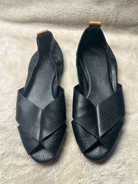 Mercedes Castillo Amaia black pebbled leather peep-toe flats 8.5